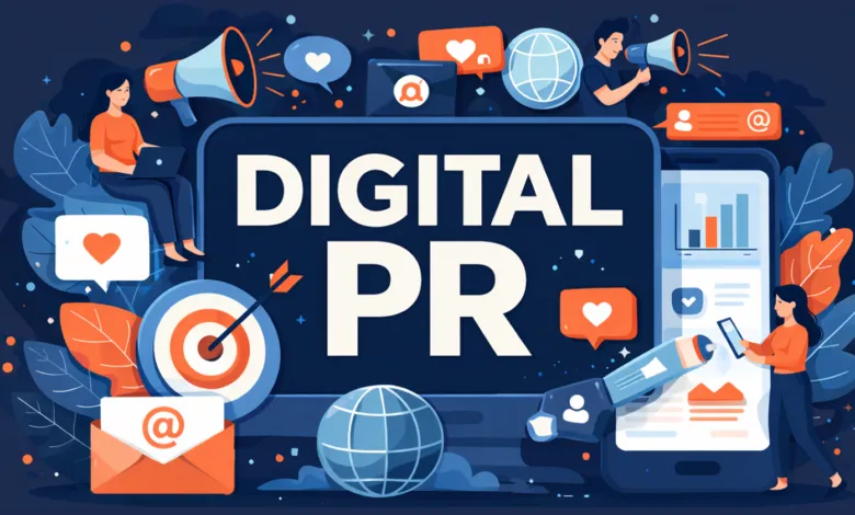 Digital PR illustration with people, devices, and social media icons.