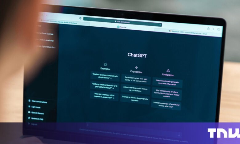 ChatGPT interface on laptop screen showing examples, capabilities, and limitations.