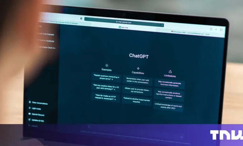 ChatGPT interface on laptop screen showing examples, capabilities, and limitations.