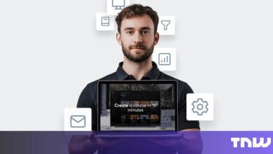 Man holding laptop with 'Create a course in 10 minutes' on screen.