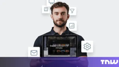 Man holding laptop with 'Create a course in 10 minutes' on screen.