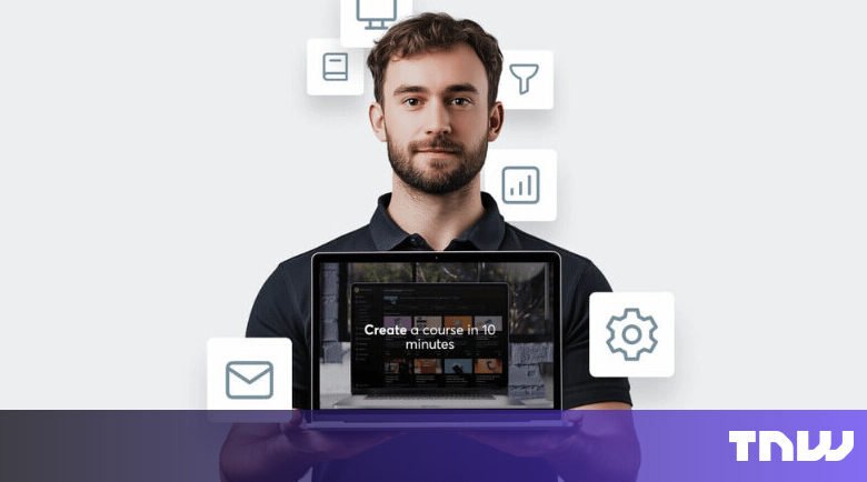 Man holding laptop with 'Create a course in 10 minutes' on screen.