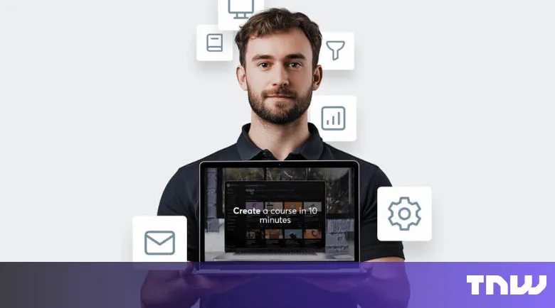 Man holding laptop with 'Create a course in 10 minutes' on screen.