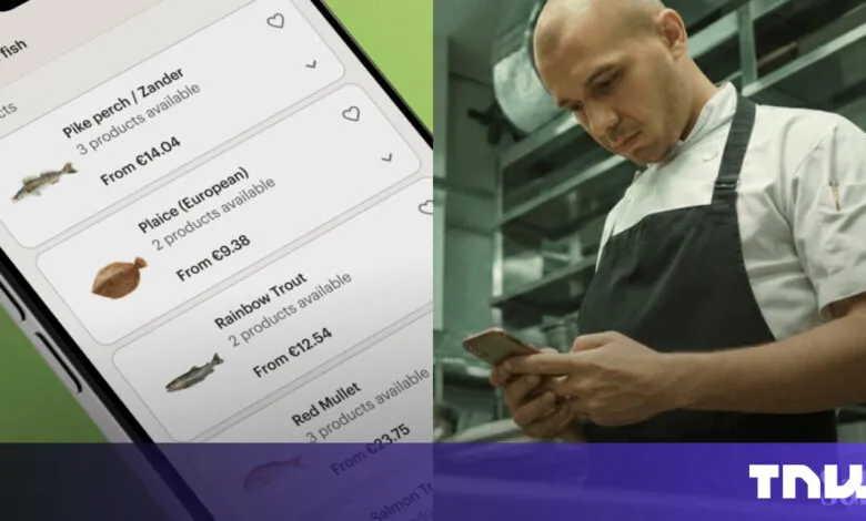 Chef using fish ordering app on phone, showing product list.