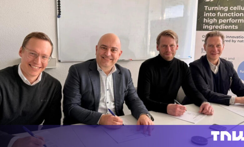 Four smiling business professionals sign an agreement at a table.