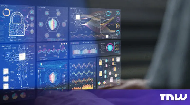 Cybersecurity dashboard with lock, shield, and data visualizations.