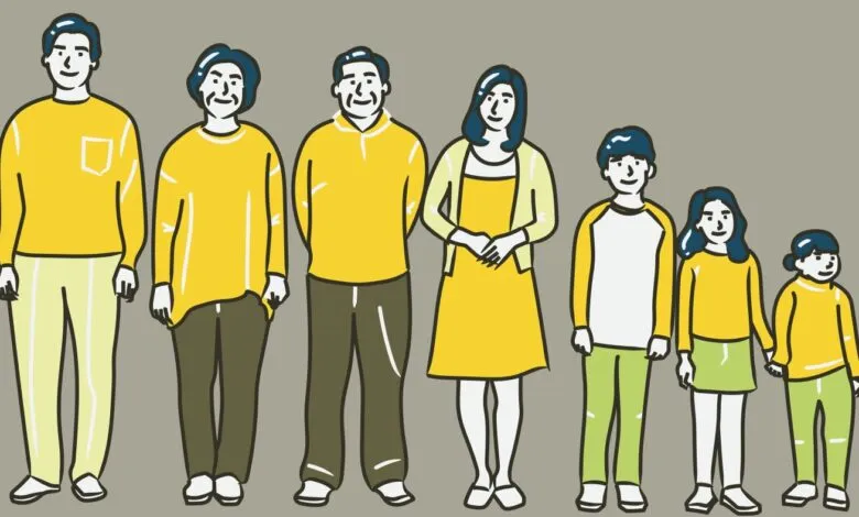 Cartoon illustration of a family standing in a line, showing different generations.