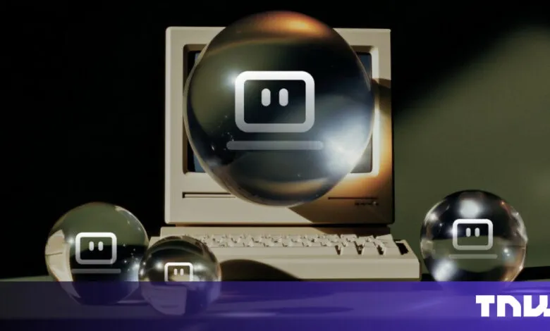 Vintage computer with floating spheres displaying laptop icons.