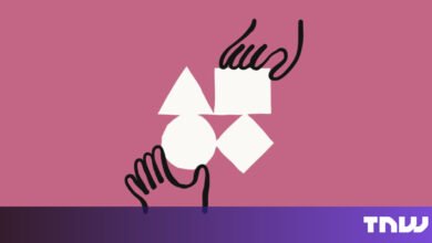 Abstract illustration of hands holding geometric shapes on pink background.