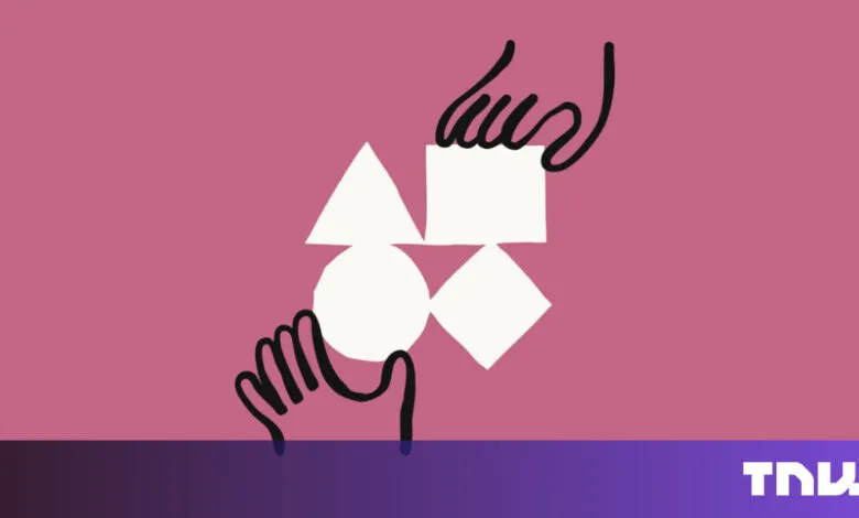 Abstract illustration of hands holding geometric shapes on pink background.