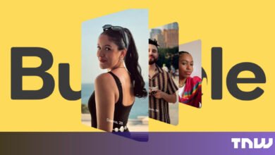 Bumble dating app ad featuring diverse individuals and the Bumble logo.