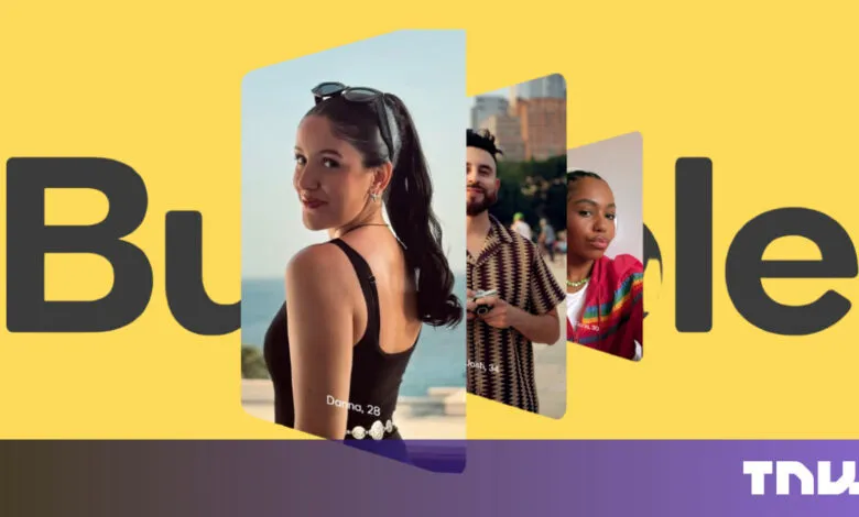 Bumble dating app ad featuring diverse individuals and the Bumble logo.