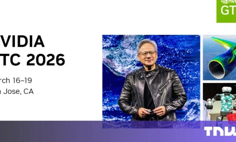 NVIDIA GTC 2026 promotional image with Jensen Huang, CEO, and AI applications.