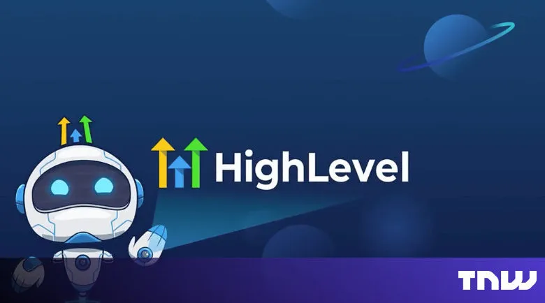 HighLevel marketing platform with robot mascot and space background.