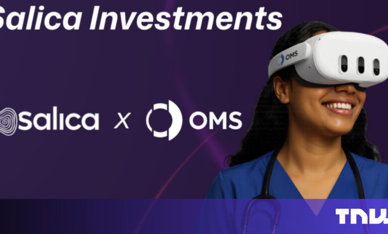 Smiling nurse wearing VR headset with Salica Investments logo.