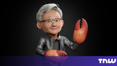 Cartoon Jensen Huang with lobster claws, wearing his signature leather jacket.