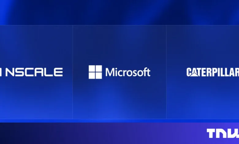 Nscale, Microsoft, and Caterpillar logos on a blue background.