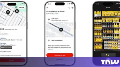 Screenshots of an app showing delivery tasks, store location, and shelf scanning.