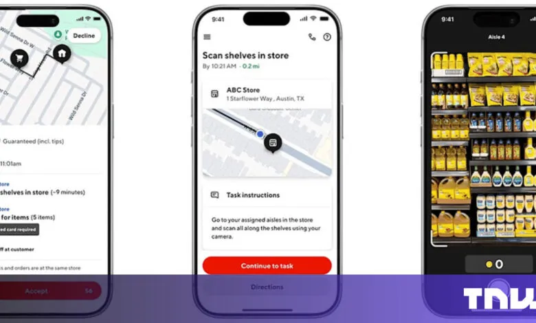 Screenshots of an app showing delivery tasks, store location, and shelf scanning.