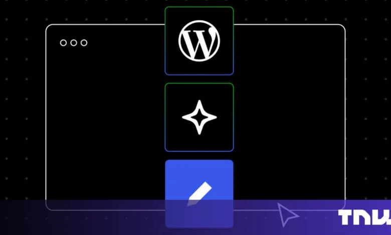 WordPress and editing icons displayed on a stylized interface.