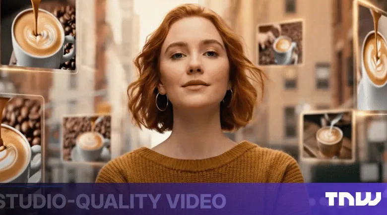 Woman with red hair surrounded by floating coffee images.