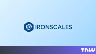 IronScales logo on a light blue background with The Next Web logo.