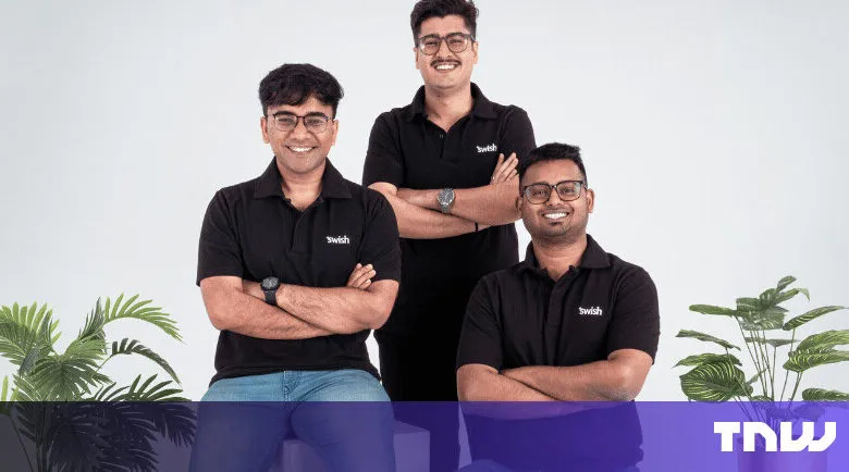 Three smiling men wearing 'Swish' branded shirts pose in front of a white background.