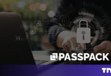 Person using laptop with digital security lock overlay for Passpack.