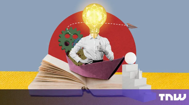Conceptual image of a lightbulb-headed person sailing on a book.