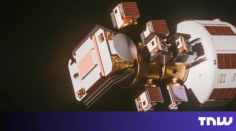 Detailed view of a complex satellite in space with solar panels.