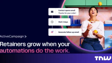 Woman juggling oranges with ActiveCampaign automation steps displayed.