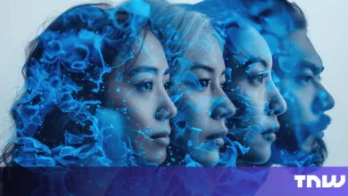 Four diverse faces in profile, overlaid with blue abstract patterns.