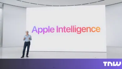 Craig Federighi presents Apple Intelligence on a large screen.