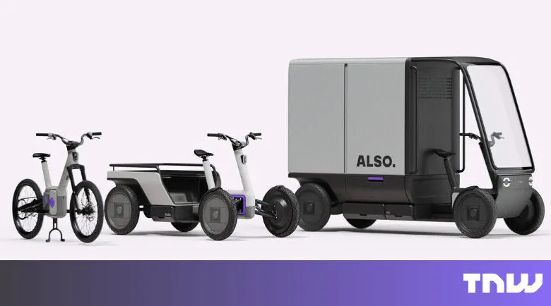 Three electric cargo bikes and a delivery vehicle in a studio setting.