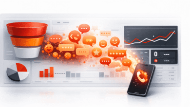 Dashboard with funnel, charts, and phone showing incoming call icon.