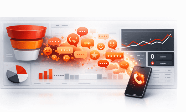 Dashboard with funnel, charts, and phone showing incoming call icon.