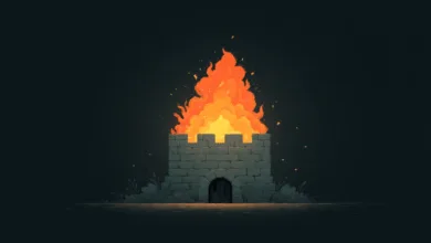Stone castle engulfed in bright orange flames against a dark background.