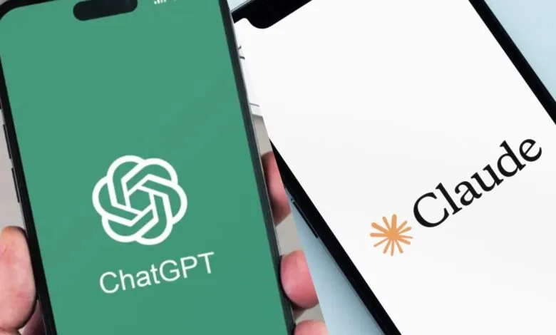 Two smartphones displaying ChatGPT and Claude AI chatbots.