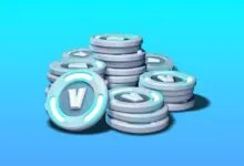 Stacks of Fortnite V-Bucks coins on a blue gradient background.
