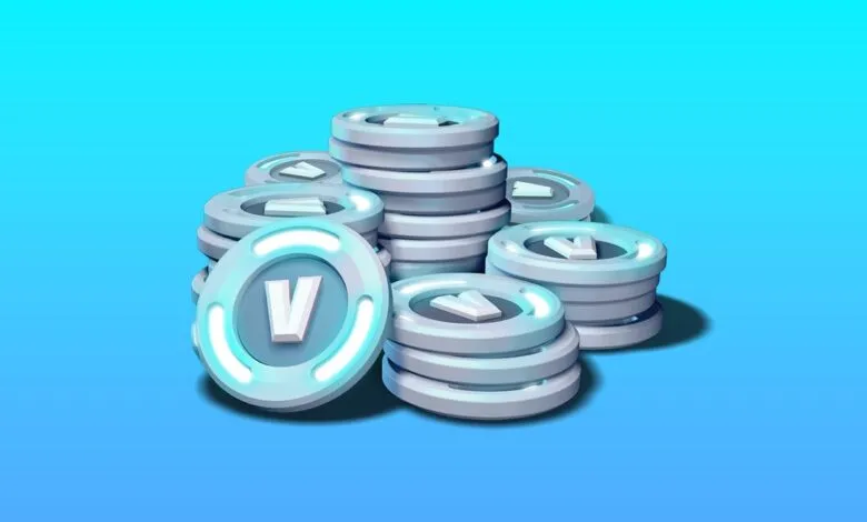 Stacks of Fortnite V-Bucks coins on a blue gradient background.