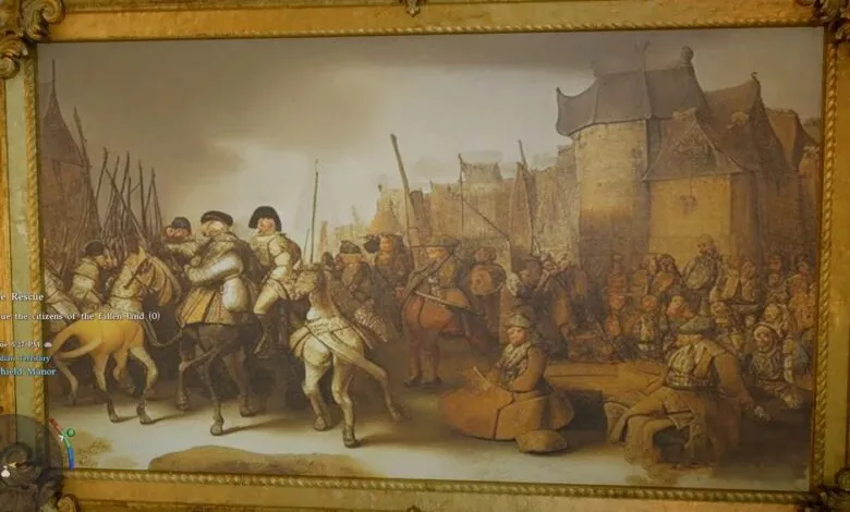 Ornate framed painting depicting a historical scene with soldiers and civilians.