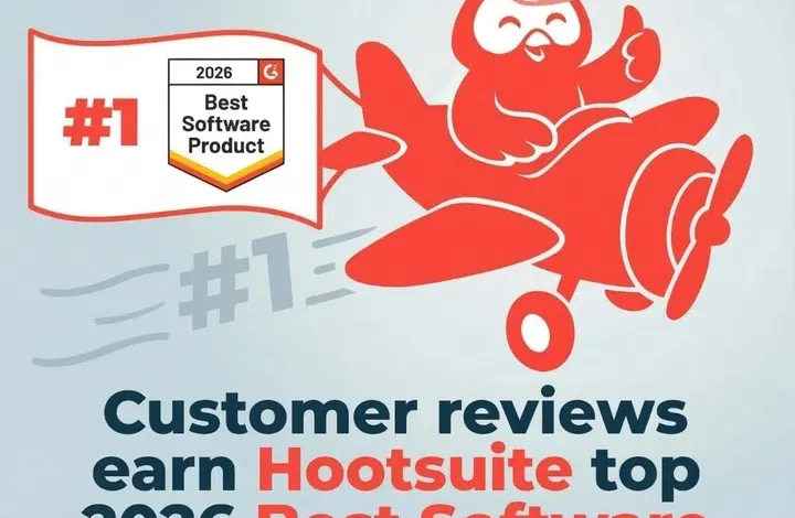 Hootsuite celebrates being named a 2026 Best Software Product on G2, featuring a cartoon owl flying a plane.