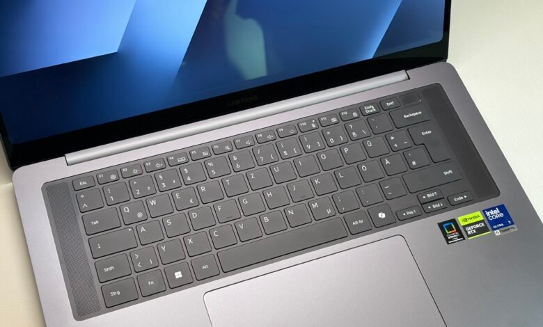 Close-up of a Samsung Galaxy Book Ultra laptop showing the keyboard and screen.