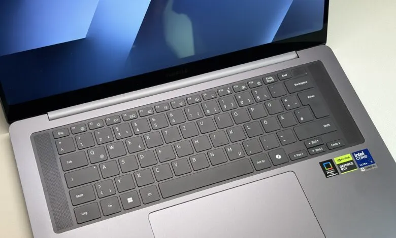Close-up of a Samsung Galaxy Book Ultra laptop showing the keyboard and screen.