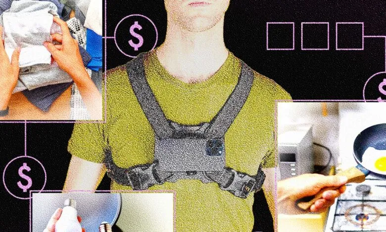 Person with camera harness, surrounded by images of tasks and dollar signs.