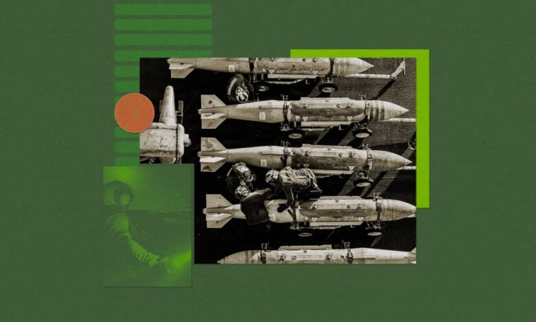 Bombs being armed on an aircraft carrier deck, overlaid on a green background.