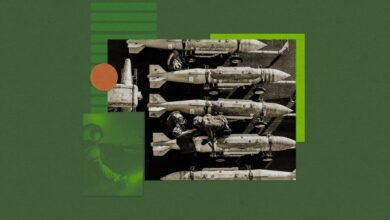 Bombs lined up with workers, against a green background with graphic elements.