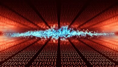 Abstract digital background with binary code and a burst of blue light.