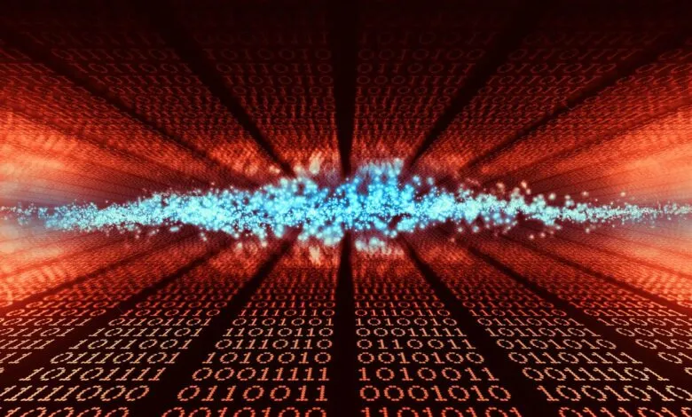 Abstract digital background with binary code and a burst of blue light.