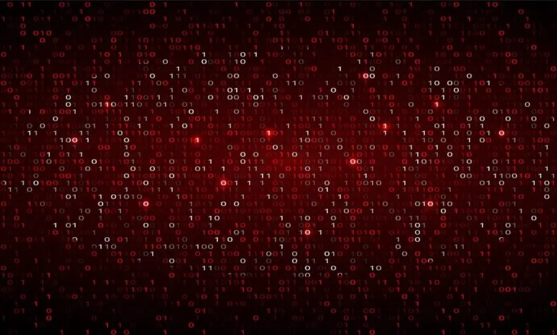 Red binary code background with glowing ones and zeros.